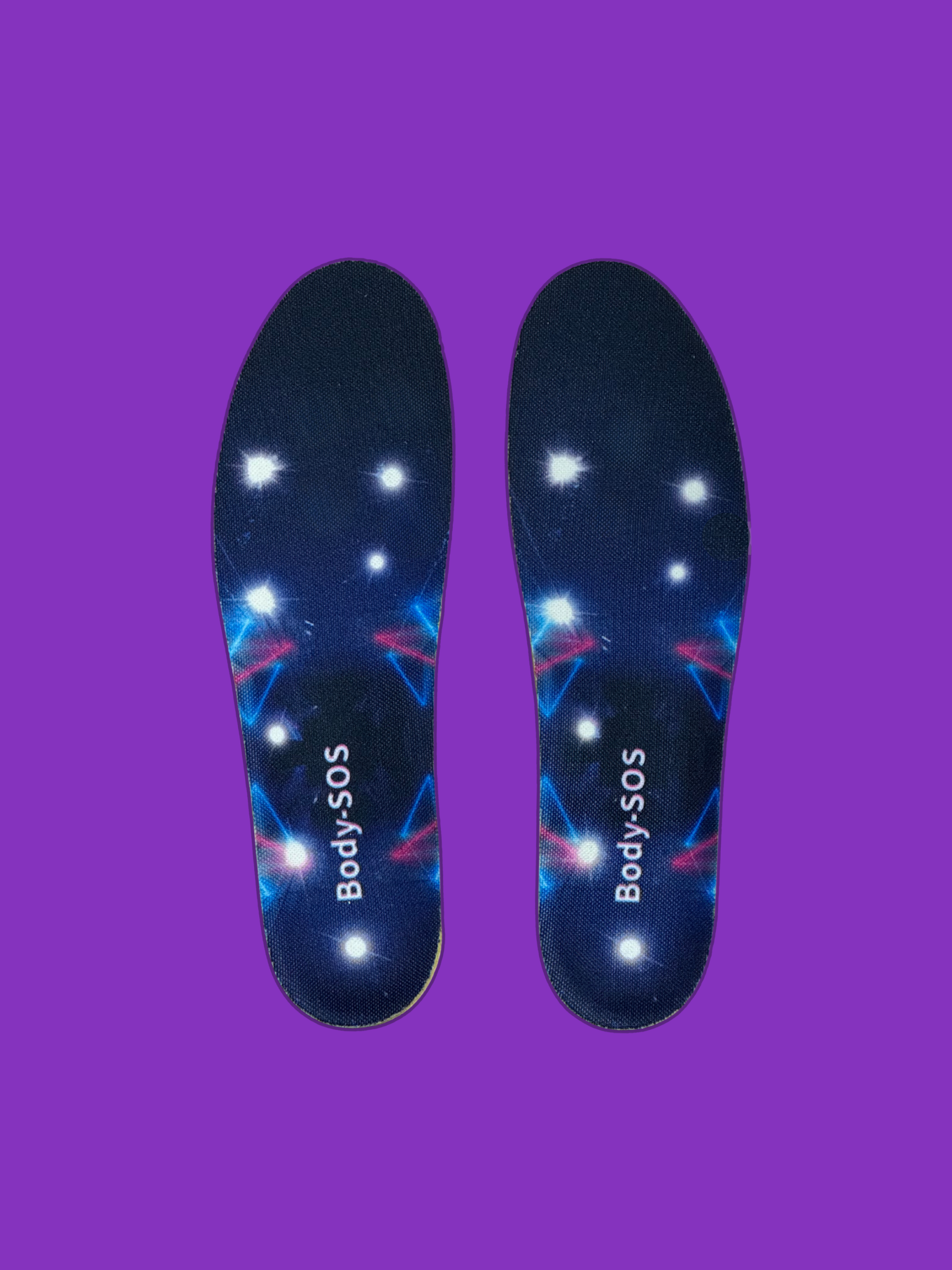 Pair of blue health insoles with  on a purple background