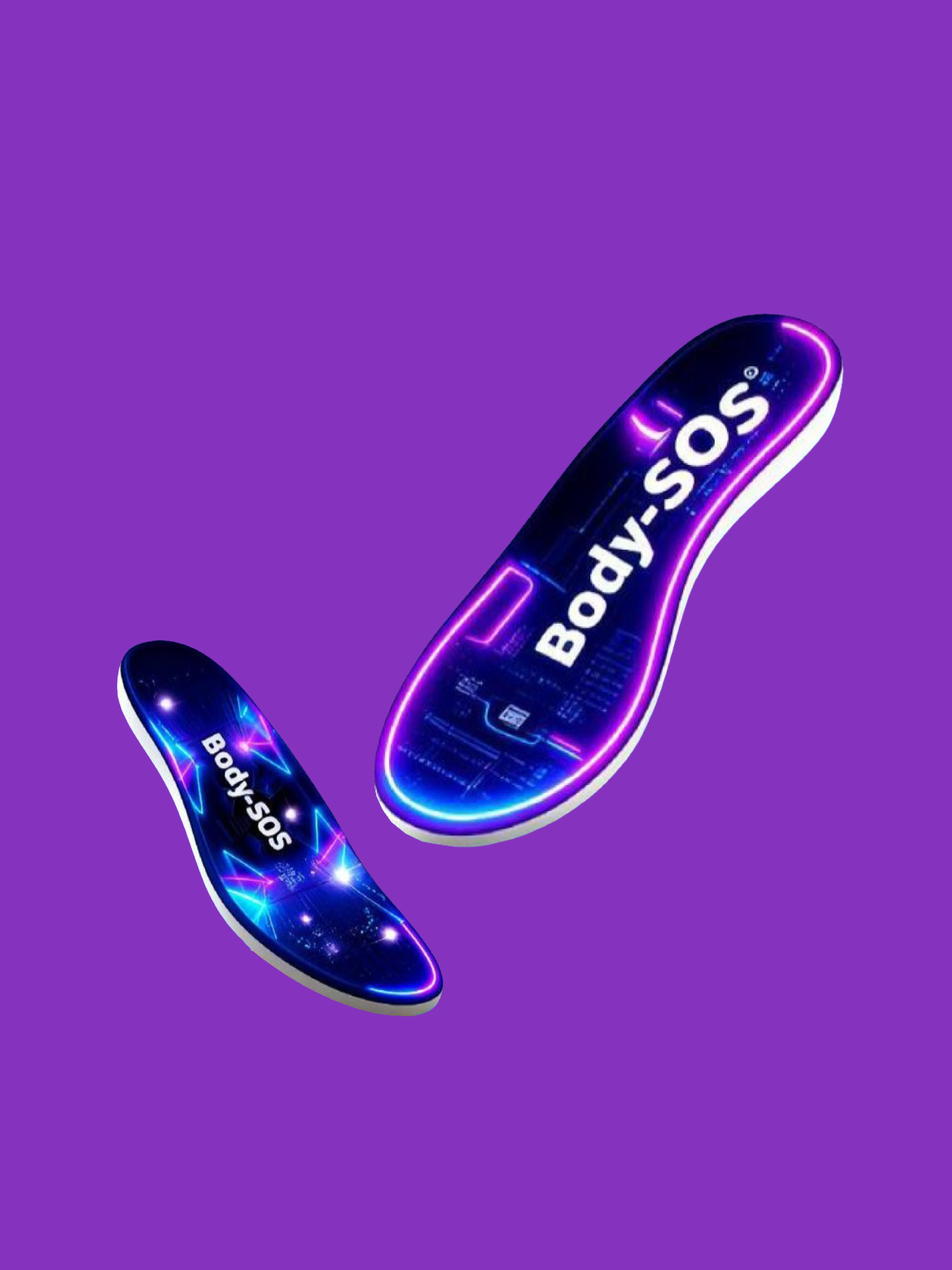 Glowing blue health insoles on a purple background