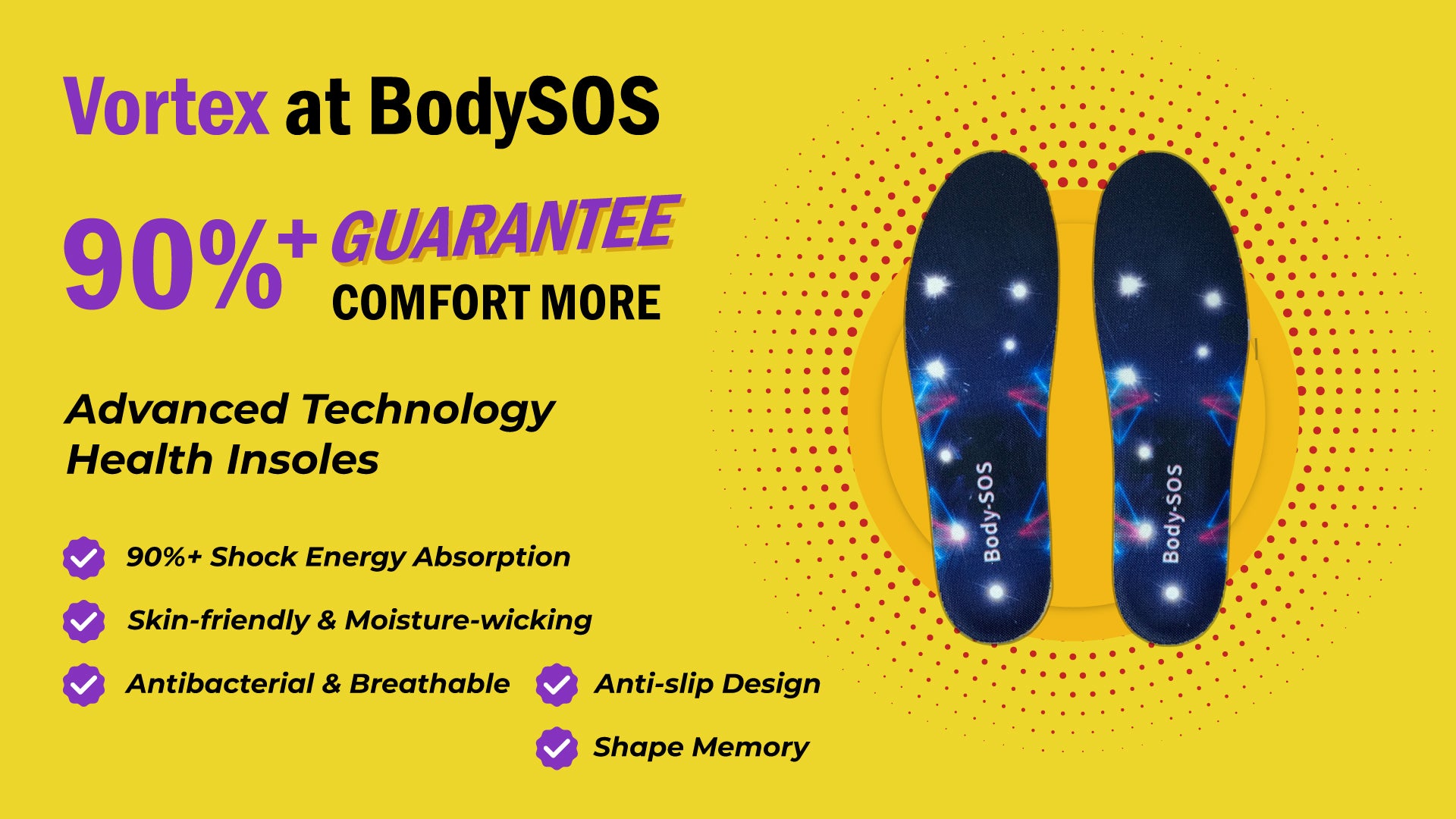 Advertisement for Vortex at BodySOS Health insoles with product display and feature list on a yellow background